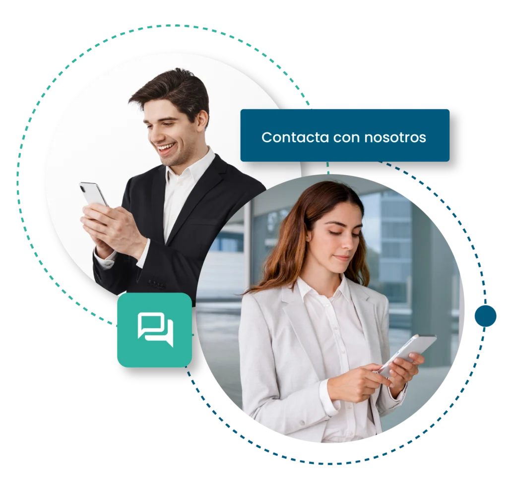 Hombre y mujer usando smartphone junto a forma gráfica que invita a 'Contacta con nosotros' y icono de chat