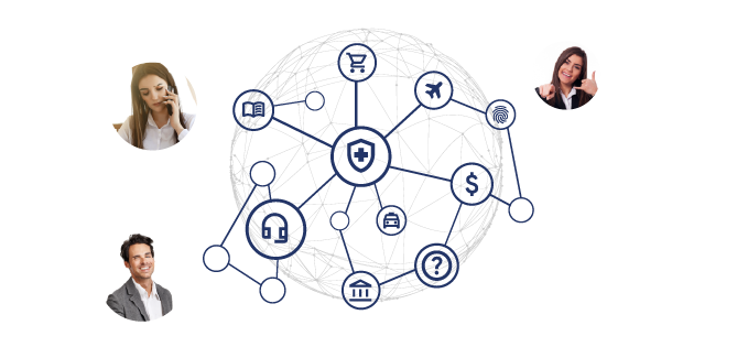Diagrama circular con líneas entrelazadas que conecta iconos de banca, salud, retail, seguros, recursos humanos y otros, rodeado de fotografías circulares de agentes de distintos sectores.