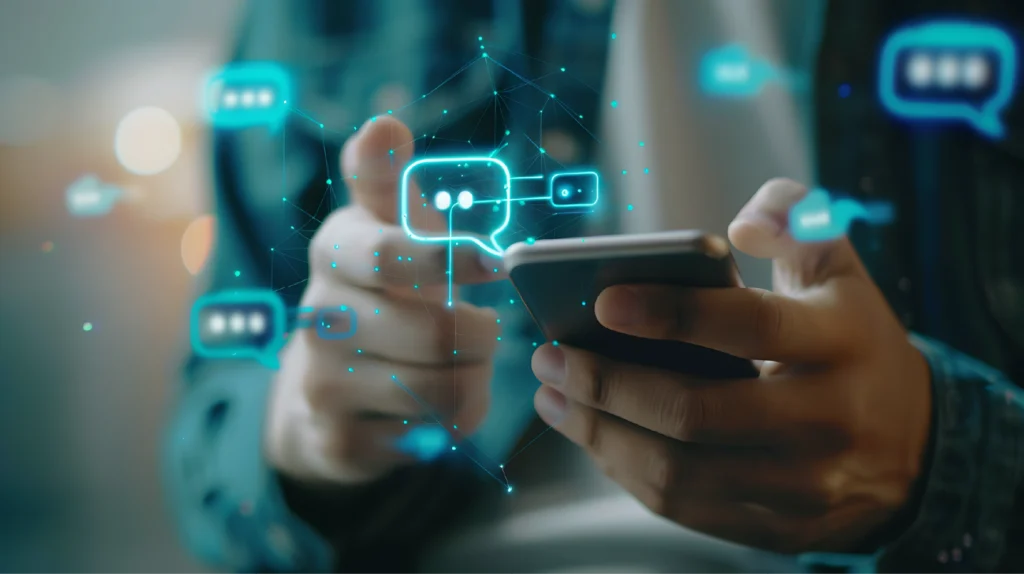 Persona sosteniendo un smartphone con iconos de burbujas de chat holográficas flotando, simbolizando un chatbot inteligente