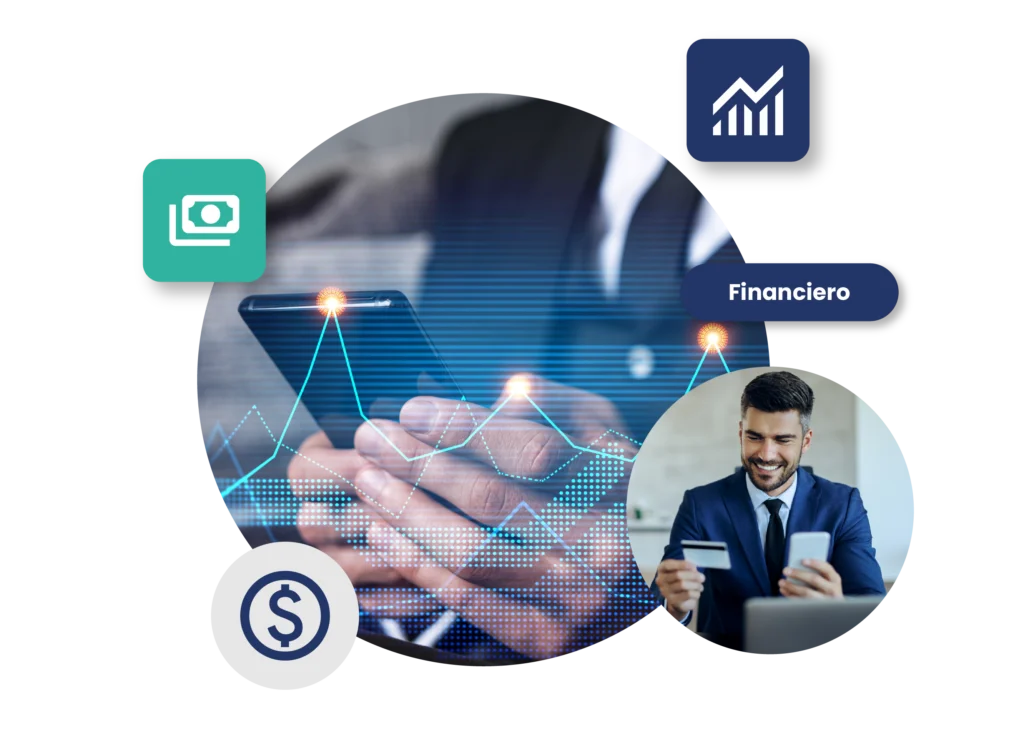 Mano sosteniendo smartphone con gráficos financieros holográficos y ejecutivo con tarjeta bancária sonriente