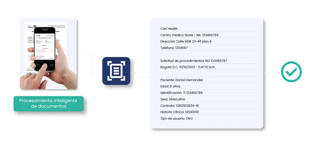 Manos sujetando un teléfono móvil escaneando un formulario médico impreso que luego se convierte automáticamente en texto estructurado, con iconos de reconocimiento óptico de caracteres y validación de datos.
