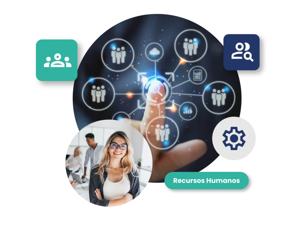 Dedo apuntando a iconos de equipos y organigrama flotantes, con mujer de RR. HH. sonriendo delante de colegas