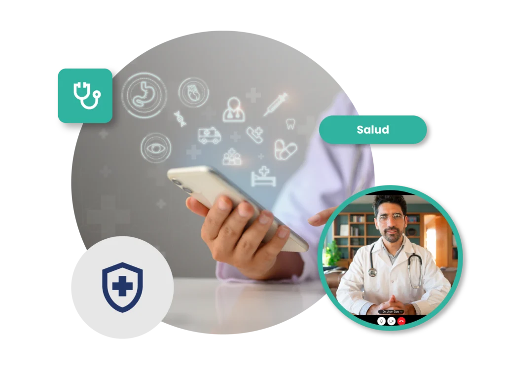 Mano sosteniendo smartphone con iconos médicos flotantes y médico en videollamada dentro de un círculo