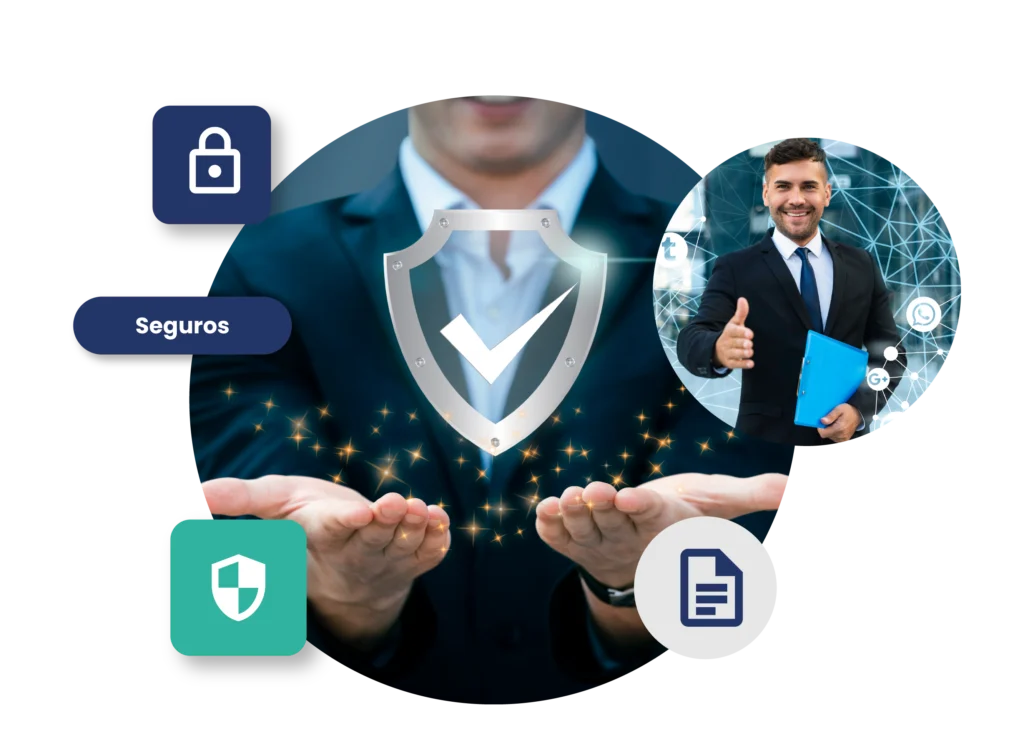 Protección con escudo flotante sobre manos abiertas y asesor de seguros dando la bienvenida en videollamada