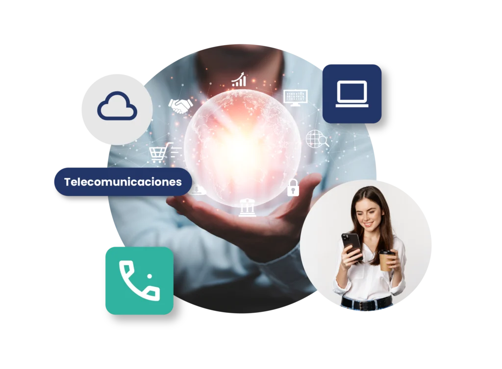 Mano sosteniendo esfera digital con iconos de nube, terminal y teléfono, y usuaria con café usando smartphone