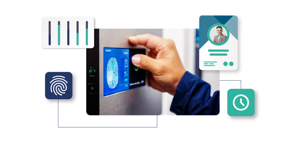 Plano detalle de mano registrando huella en lector biométrico con indicadores de barras de rendimiento y tarjeta de perfil superpuestos; representa la gestión operativa y control de turnos WFM.
