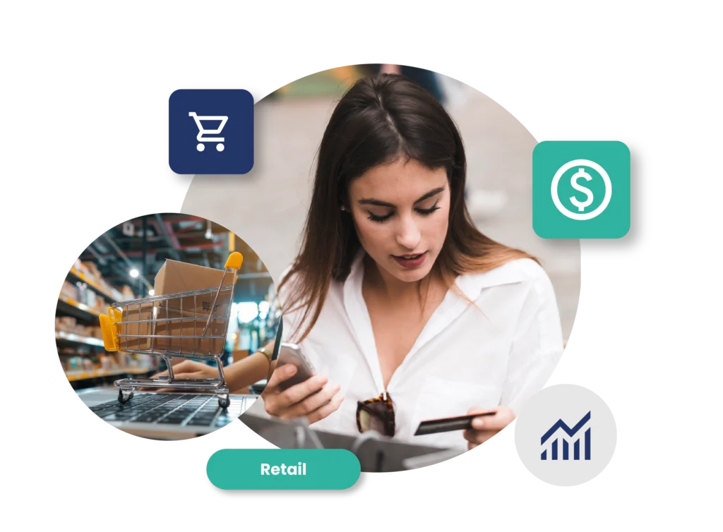 Mujer pagando con tarjeta y smartphone frente a portátil, con icono de carrito de compras y estanterías de tienda