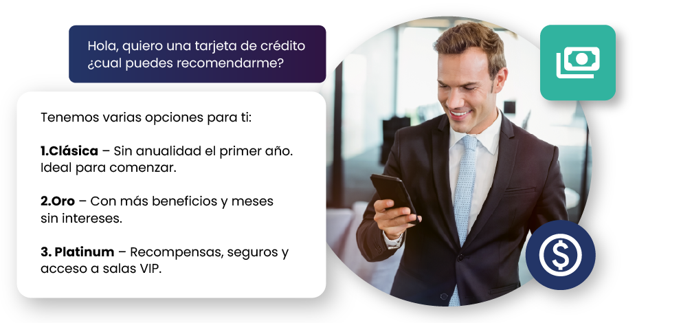 Diagrama de conversación: usuario preguntando por tarjeta de crédito, chatbot bancario ofreciendo opciones y agente con IA generativa