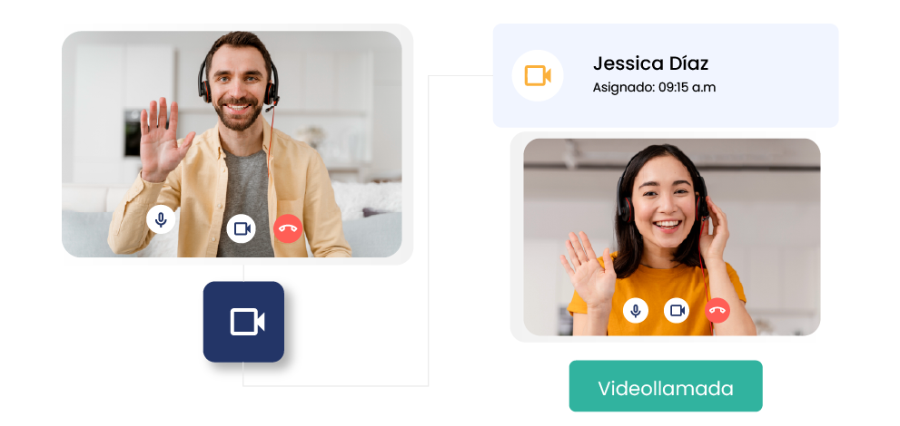 Interfaz de videollamada: agente y cliente en llamada con etiqueta de asignación cita