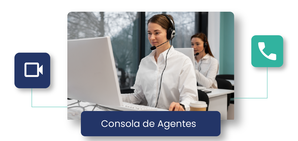 Consola de agentes mostrando video llamada entrante y llamadas de voz en un centro de atención