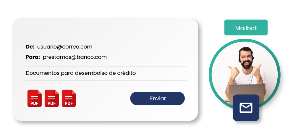 Simulación de Mailbot: formulario de correo con archivos PDF adjuntos listo para enviar
