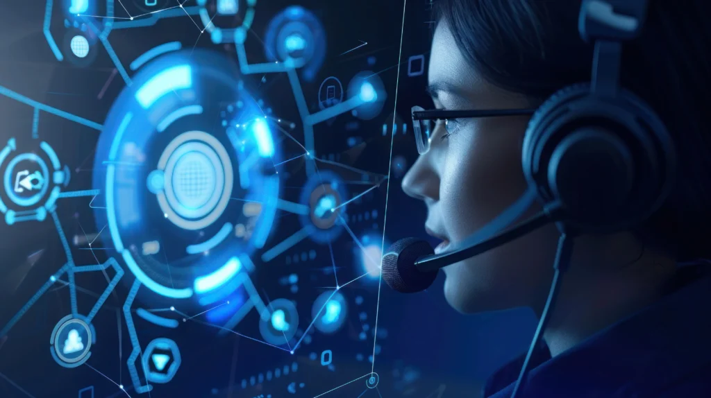 Agente de soporte con auriculares observando una pantalla con gráficos y iconos de redes y seguridad digital