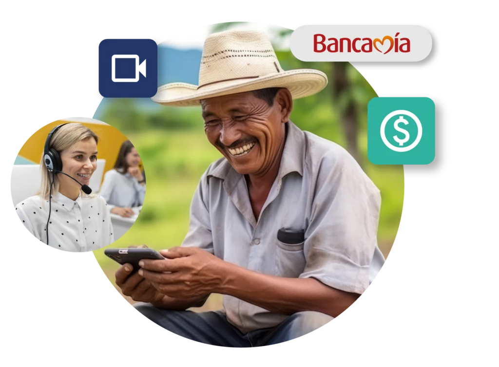 Señor campesino riendo con un celular en su mano y con un sombrero en su cabeza