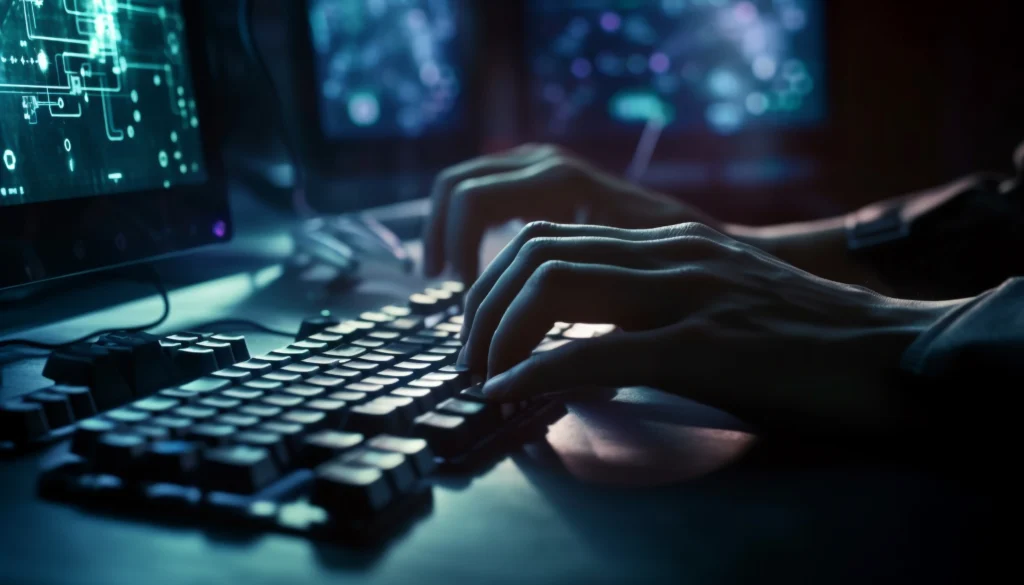 Persona escribiendo en un teclado frente a un computador que muestra una imagen de un código